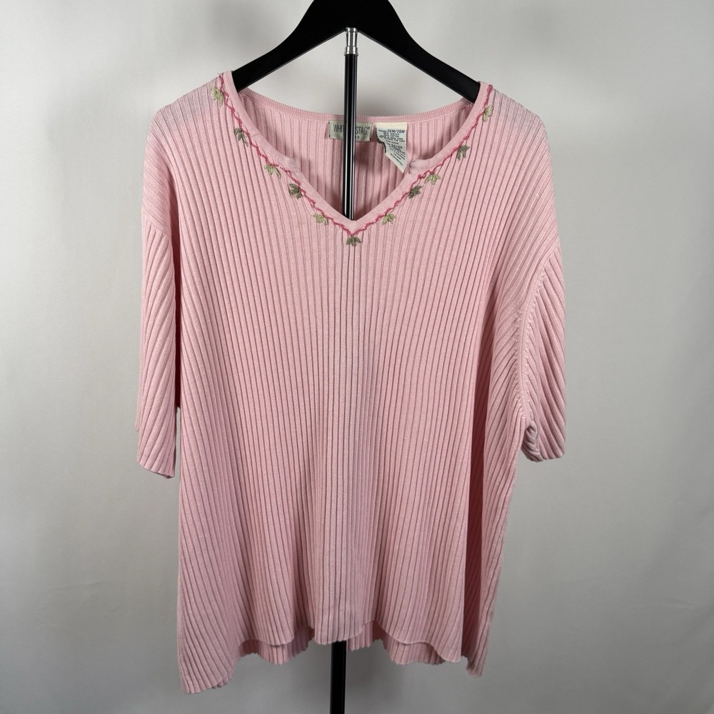White Stag Women's Short Sleeve Shirt Pink Embroidered Floral Extra Large